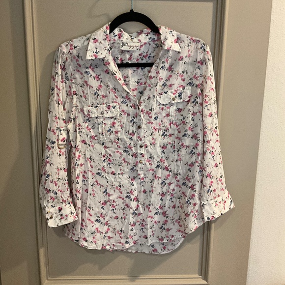 MAGAZINE lightweight cotton convertible long short sleeve floral blouse button M - Picture 1 of 15